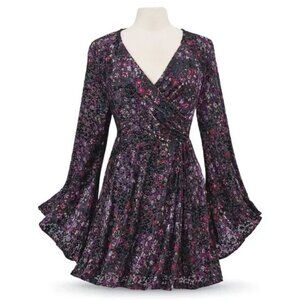 Pyramid Collection Floral Velvet Burnout Short Tunic Dress Bell Sleeves Multi